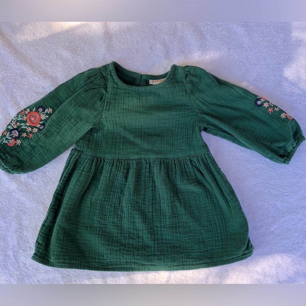 Emerald green embroidered long sleeve dress, 18 mo, like new!